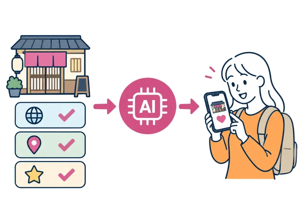訪日客がスマホのAIでお店を探し、AIの回答に自社のお店が表示されているイラスト