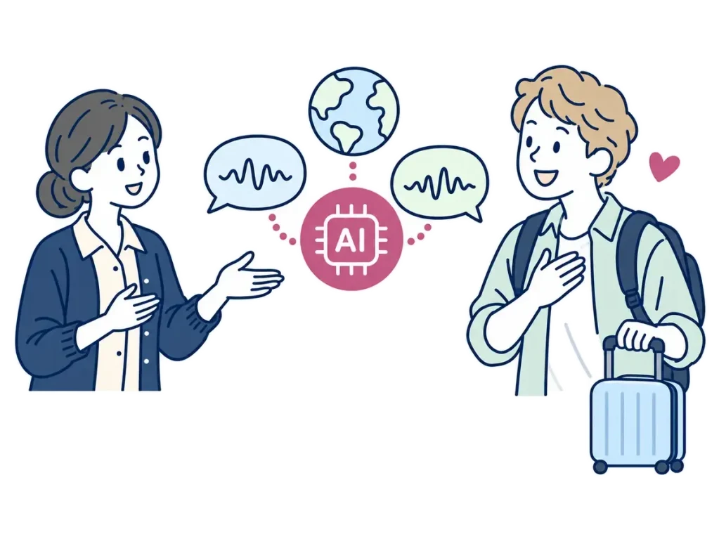 お店のスタッフと訪日客が、AIの翻訳を使って会話しているイラスト